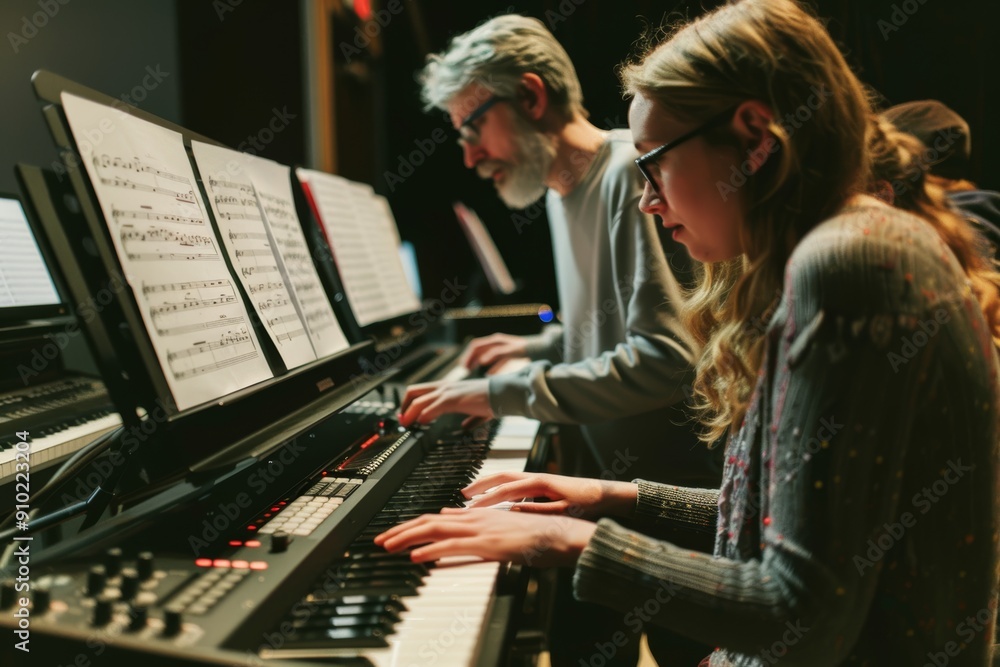 Aufkleber advanced music composition class with students working on sheet music and digital tools