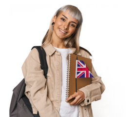 Young erasmus student with books happy, smiling and cheerful.