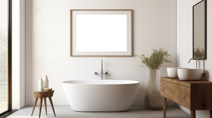Bathroom picture canvas mockup. A modern bathroom featuring a freestanding white bathtub, a wooden vanity with two bowls, and a large picture canvas mockup. 