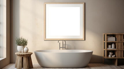 Bathroom framed picture canvas mockup. A modern bathroom featuring a freestanding bathtub, a wooden stool, and a minimalist wooden shelf. 
