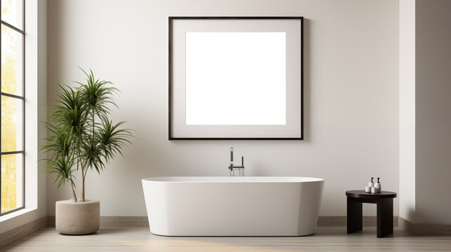 Bathroom picture mockup. A modern bathroom featuring a freestanding white bathtub, a large square picture frame mockup on the wall, and a potted plant beside a small round table. 