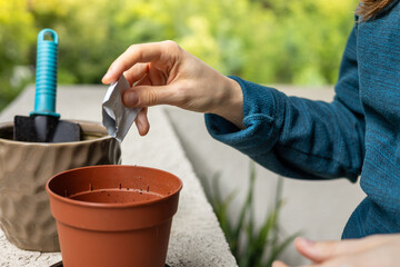 Young woman planting seeds in ceramic pots on home balcony. Concept of home garden. Taking care of home.