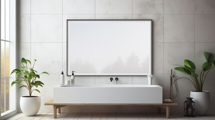 Bathroom picture canvas mockup. A modern bathroom featuring a sleek white bathtub on a wooden platform. The walls are tiled in light gray, and there are two potted plants 