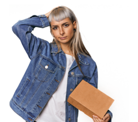 Young caucasian woman presenting a product being shocked, she has remembered important meeting.