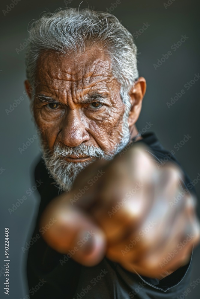 Poster senior man practicing self defense tools in a safe studio environment with determined expression