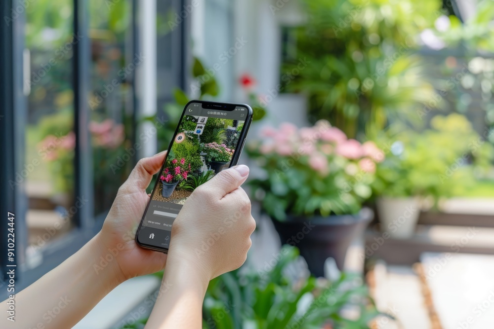 Poster home security app in use: live camera feed monitoring on mobile device for enhanced safety