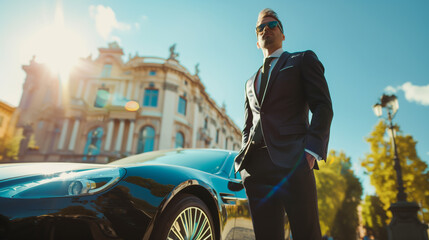 Business man wearing suit standing front of an expensive car