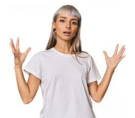 Young caucasian young woman in studio screaming to the sky, looking up, frustrated.