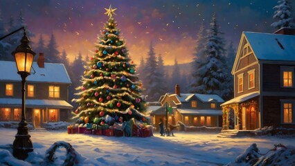 Fototapeta premium Christmas tree and snow falling