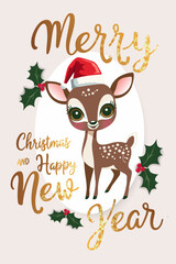 Christmas card with cute reindeer, holly leaves. Vector illustration for New year invitation, postcard and banner