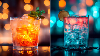 cocktails one orange and the other blue with blurred background with lights