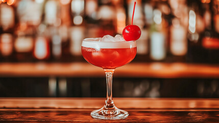 red cocktail with cherry on the bar, the background is blurred.