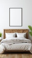Bedroom picture canvas mockup. A cozy bedroom featuring a wooden bed frame mockup with white bedding and two pillows. 