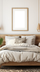 Obraz premium Bedroom framed picture canvas mockup. A cozy bedroom featuring a wooden bed frame mockup with soft, layered bedding in neutral tones. 