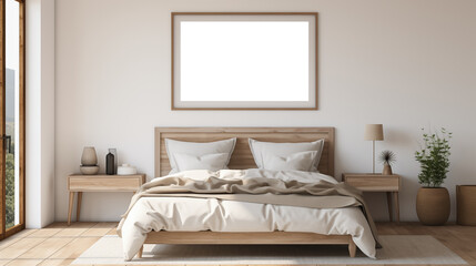 Framed picture canvas mockup in the bedroom. A modern bedroom featuring a wooden bed with beige bedding, two pillows, and a light-colored wall. 