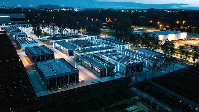 An aerial view of a large data center featuring sustainable energy solutions