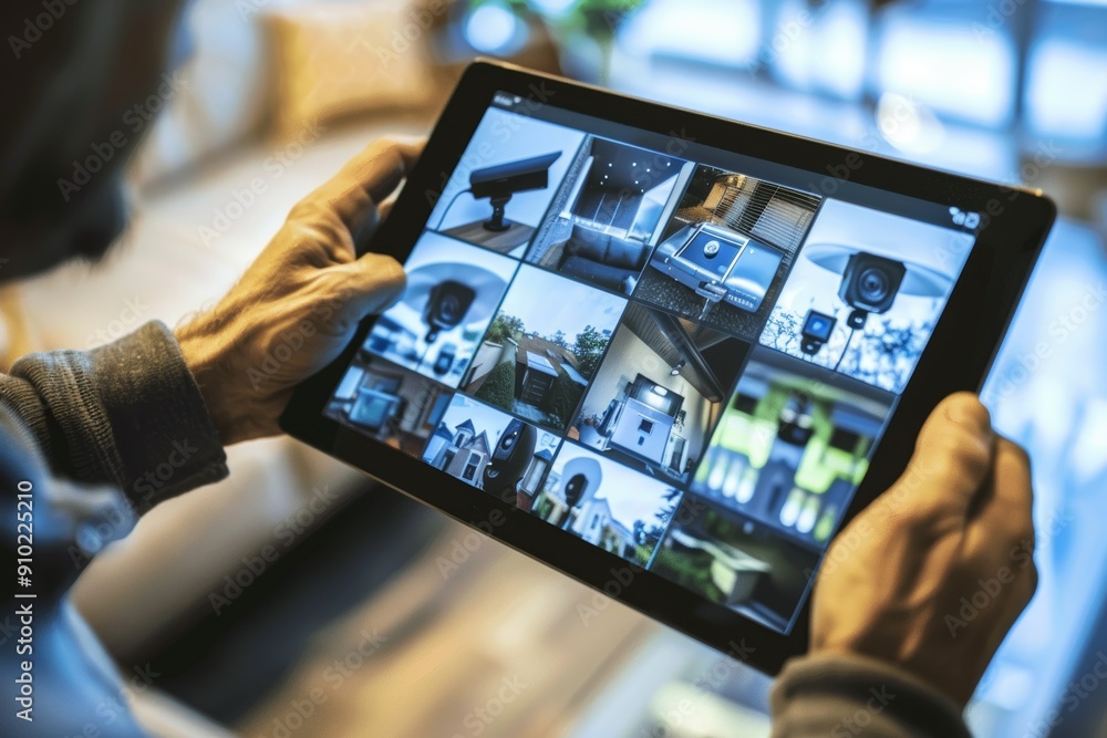 Aufkleber home security app on tablet for monitoring live camera feeds around the property