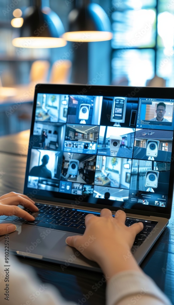 Poster modern home security monitoring from office desk with multiple camera feeds on laptop