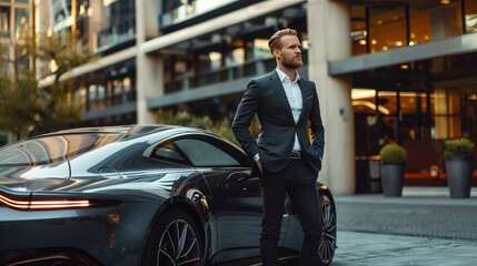 Business man wearing suit standing front of an expensive car