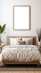 Fototapeta premium Framed picture canvas mockup in the bedroom. A cozy bedroom featuring a wooden bed with white bedding, decorative pillows, and a minimalist design. 