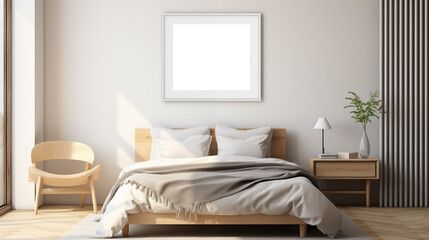 Bedroom framed picture canvas mockup. A modern bedroom picture canvas mockup featuring a wooden bed with gray bedding, a bedside table, a lamp.