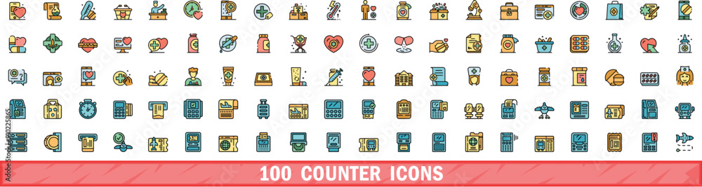 Poster 100 counter icons set. color line set of counter vector icons thin line color flat on white