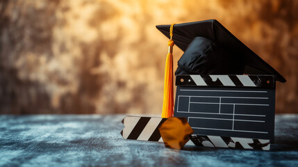 Celebrate your graduation from film school with a banner, graduation cap, and clapperboard. You've earned it!