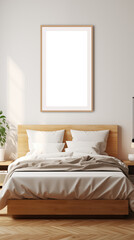 Bedroom framed picture canvas mockup. A modern bedroom featuring a wooden bed with white bedding, multiple pillows, and a minimalist design. 