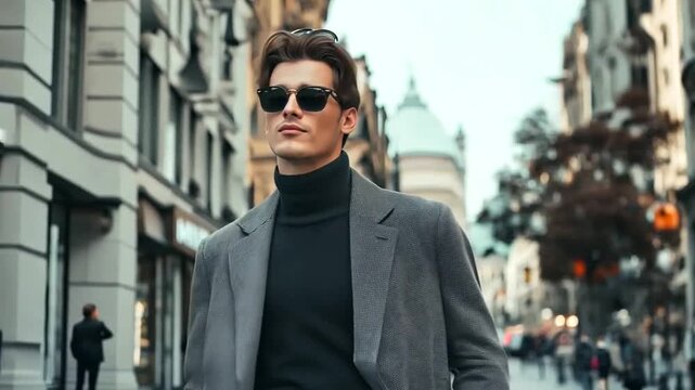 A trendy young man in retro fashion posing on a city street