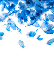 Naklejka premium Blue Feathers isolated against a white background. Floating feathers. Falling bird feathers. Bokeh. Motion blur. Bird, angel or demon feathers. Fantasy glowing feathers floating down.