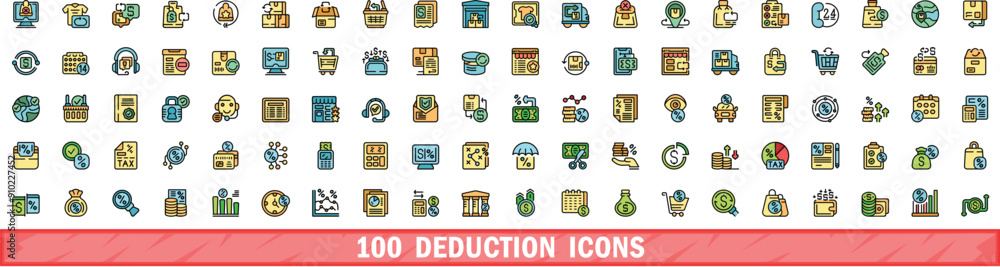 Poster 100 deduction icons set. color line set of deduction vector icons thin line color flat on white