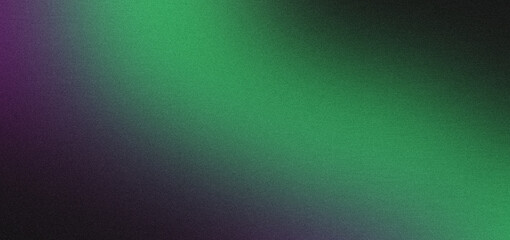 Purple green illuminated spots on black, grainy color gradient background, noise texture effect, copy space	
