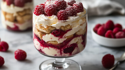 The cup contains a layered tiramisu dessert with raspberries and lemon. The creamy texture and juicy fruit are perfectly arranged in layers.
