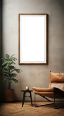 Hall picture canvas mockup. A modern interior scene featuring a stylish armchair, a small side table with a cup, and a large empty picture frame mockup on the wall. 
