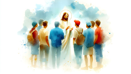 Jesus is conversing with a group of young people. The scene captures a moment of shared wisdom and connection.Watercolor illustration on textured paper.