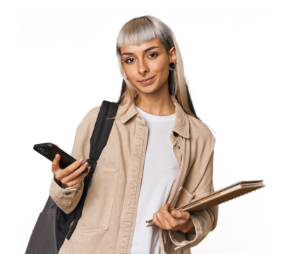 Caucasian student with notebook and phone