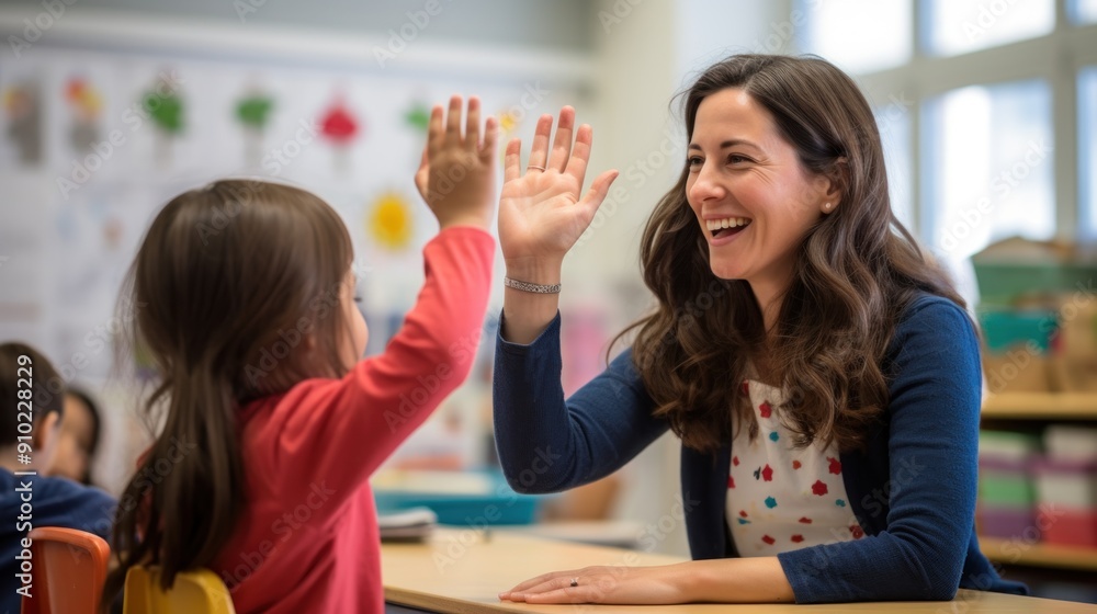 Wall mural happy teacher and schoolgirl giving high five during class at school.