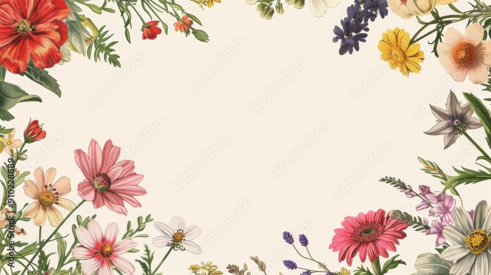 Wall mural Illustration of a circular frame made from various flowers