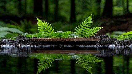 Botanical beauty tranquil woodland setting concept, A serene reflection of ferns on calm water, surrounded by lush greenery in a tranquil forest setting.
