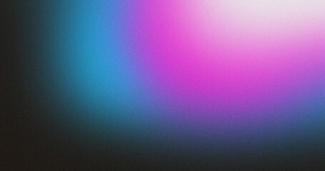  Blue pink illuminated spots on black, grainy color gradient background, noise texture effect, copy space	