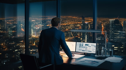 Obraz na płótnie Canvas Elegant Businessman Analyzing Charts for Optimal Investments. Man working late at night with stunning view on city