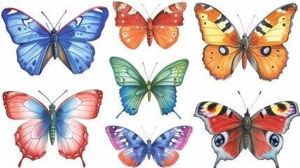 Set of butterflies isolated on white background