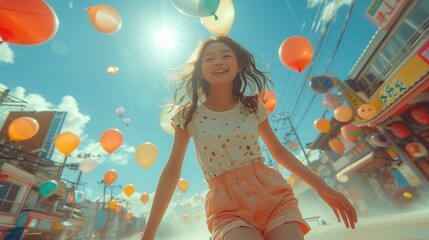Fototapeta premium Young Girl Running Joyfully Under Bright Balloons in a Colorful Street Festival