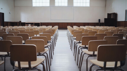 Fototapeta premium Empty classroom with chairs and desks left vacant. No students or teachers are present. Looks like the room is prepared for a business conference.