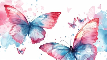Fototapeta premium Watercolor illustration of pink and blue butterflies