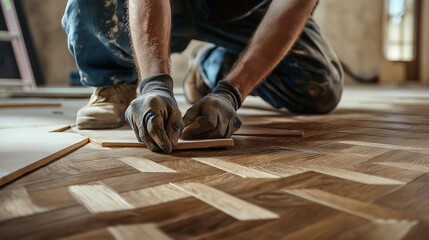 Craftsman Laying Parquet Flooring in a Home Renovation Project