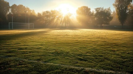 A sunlit football field with morning dew glistening on the grass, shadows of goalposts stretching towards the viewer, and trees in the background silhouetted against the rising sun