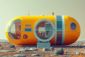 future spaceship that looks comfortable on the ground of the planet