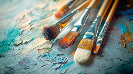 Obraz premium Essential tools for painting and expressing your creativity: Paint brushes and paints for your artistic pursuits and personal enjoyment.