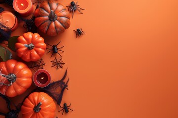 Halloween-themed flat lay with pumpkins, candles and spiders. Spooky details on a soothing orange background with big copy space.